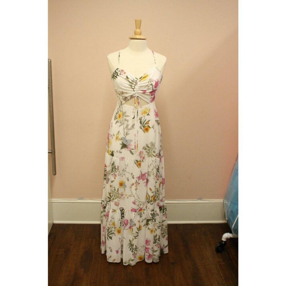 Dessy Long Floral Tiered Chiffon Floral Boho Bridesmaid Dress Tie Back Keyhole